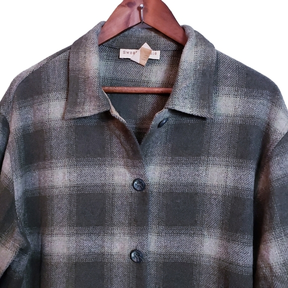 Sweet Jessie Vintage Tartan Fringe Shacket Jacket Wool Blend Medium Kelly Green - Picture 3 of 14